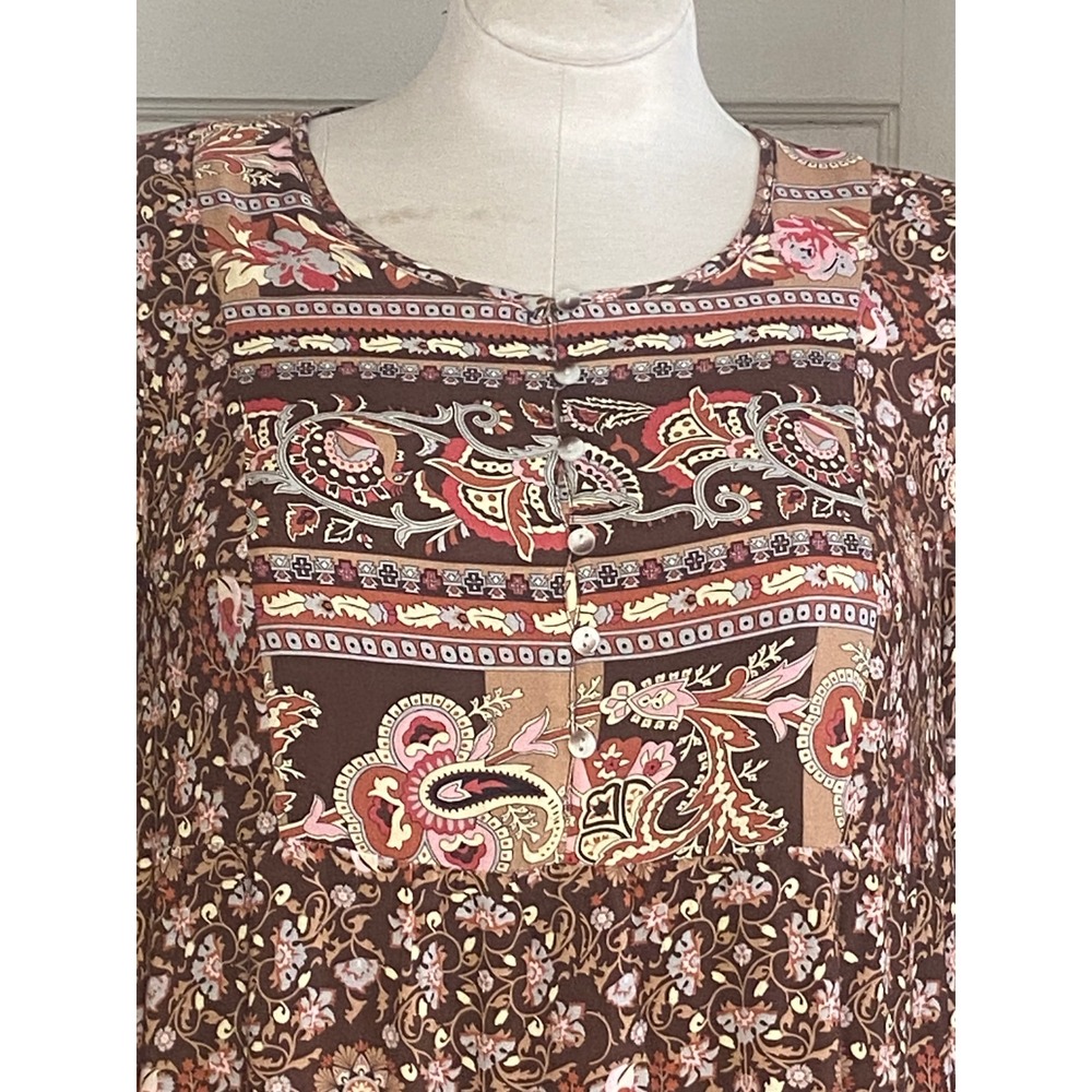 Tribal dress Brown Paisley Floral Tiered‎ Midi Dress Long Sleeve Boho Size L - Picture 2 of 8